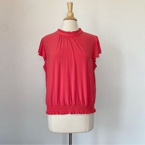 Tommy Hilfiger Solid Pink High Neck Short Sleeve Blouse